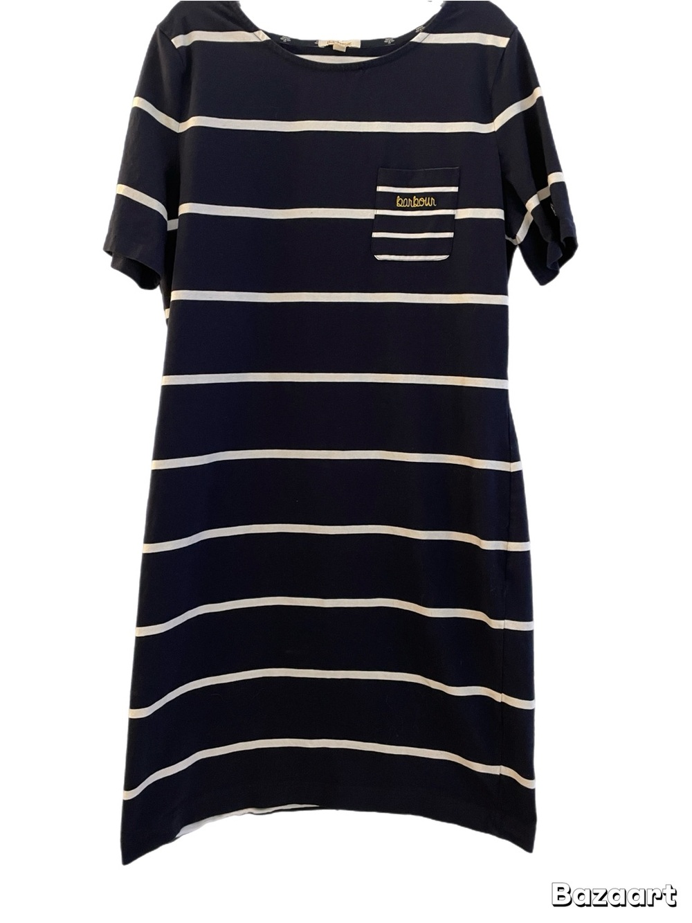 Barbour Navy and White Striped Pocket Tee Dress with Yellow Logo 12 EUC